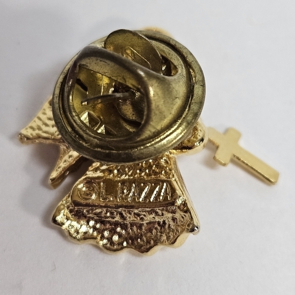 VINTAGE L Razza Gold-Tone Rhinestone Flying Angel & Cross Small Brooch Pin - Picture 4 of 4